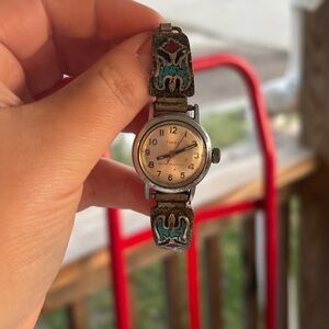 Vintage Timex Silver Watch with Turquoise and Red Enamel Accents